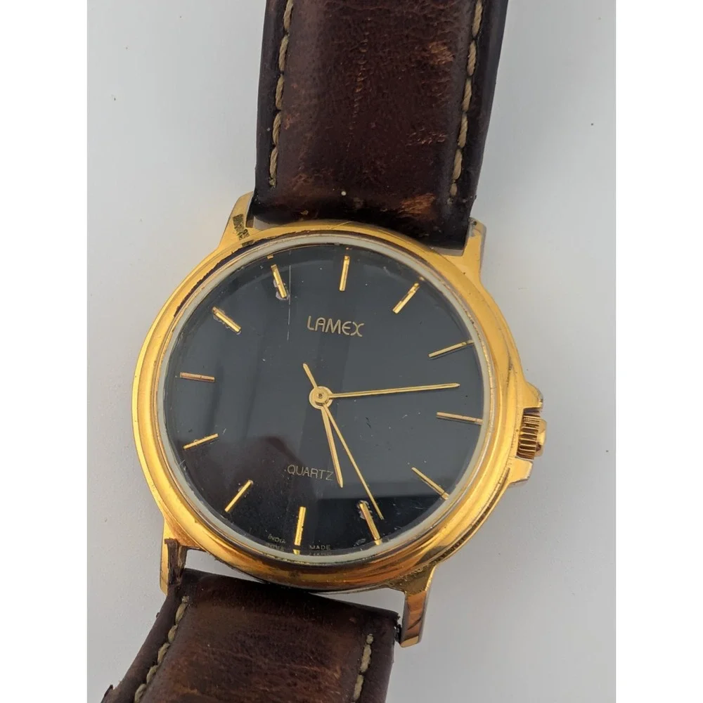 Lamex India 18k Gold Electroplated Watch Men 32mm Case Leather Band- New Battery